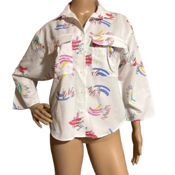 Vintage 90s Taco Bell White Multi Color Abstract Print Button Down Shirt Size 10 - Picture 1 of 6